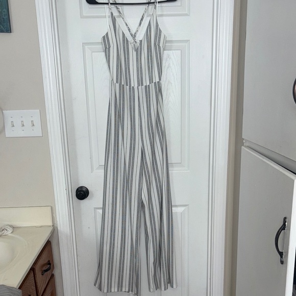 Love Tree Pants - Love Tree Gray and White Striped Jumpsuit